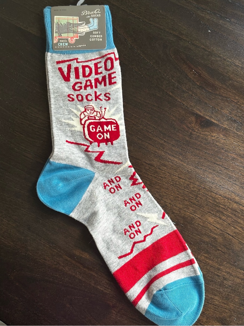 Blue Q Video Game Crew Socks - Light Gray, Red & Blue